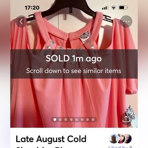 Late August Cold Shoulder Top in Peach 🍑 w/Cutouts Front & Back, Large. NWT.